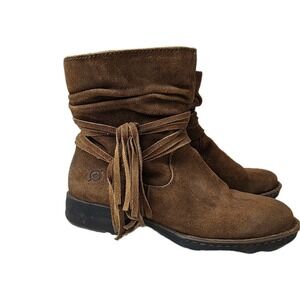 Born Size 7 Brown Suede Leather Zip Slouch Ankle Fashion Boots Bootie Tassle